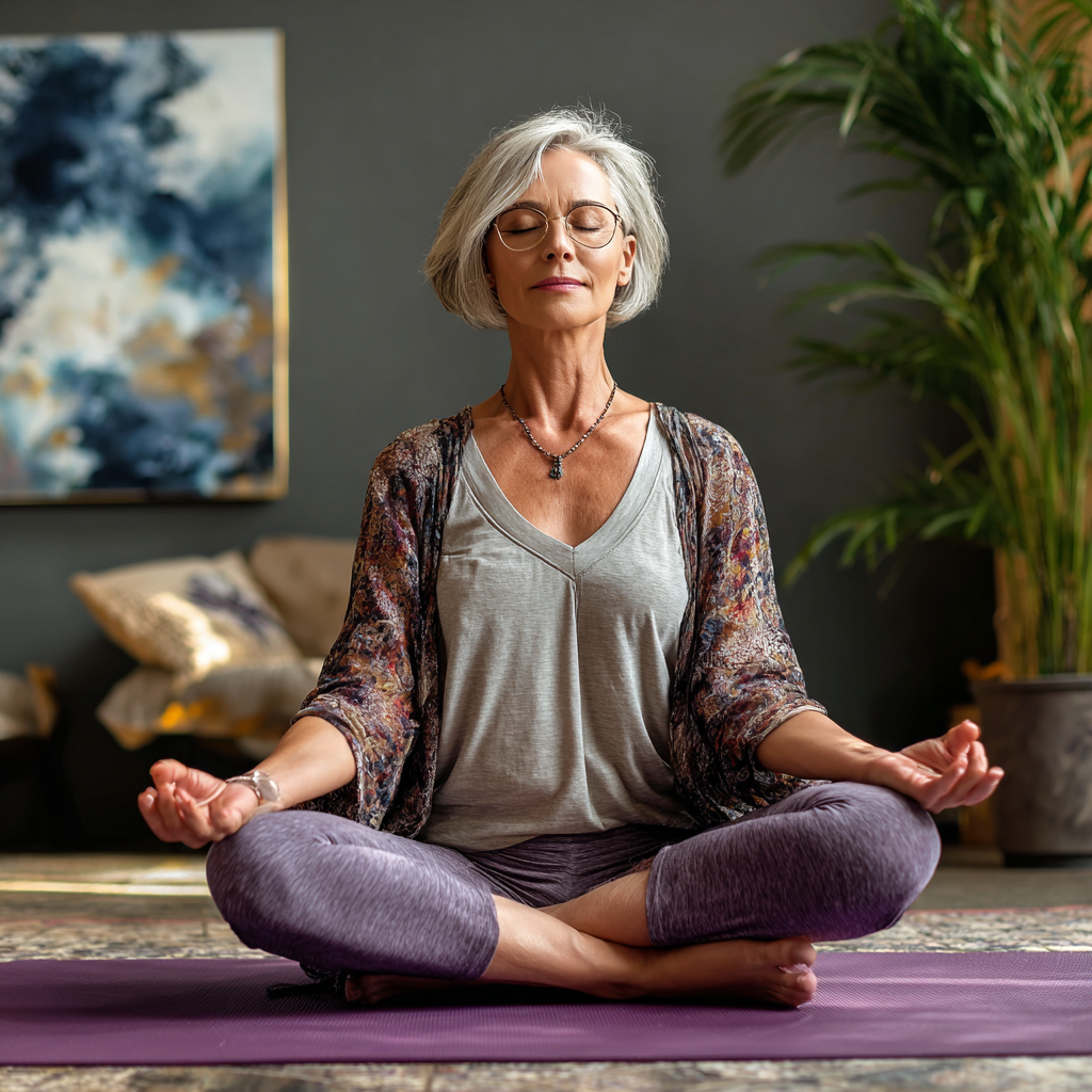 Жінка віком 55 років у зручному одязі для йоги сидить у позі лотоса на фіолетовому килимку