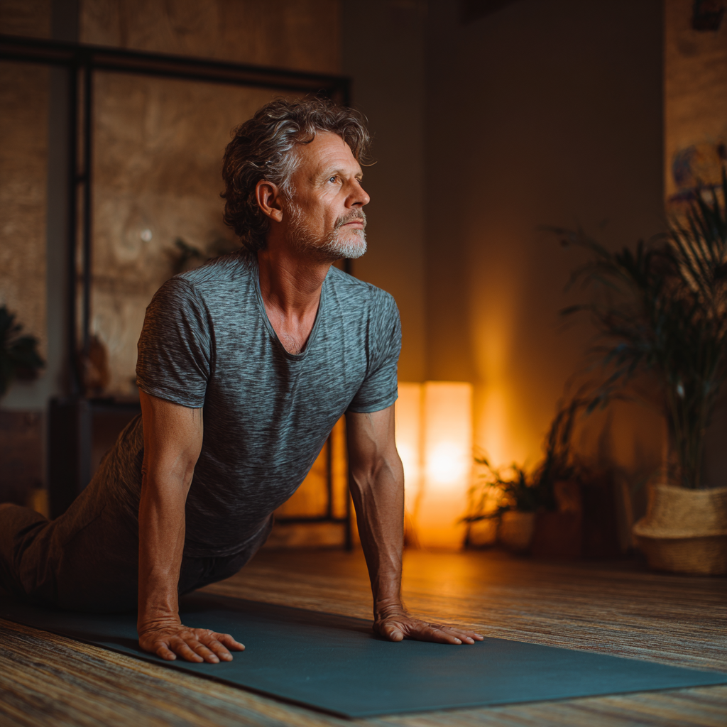 Чоловік віком 60 років виконує асану на йога-килимку в затишній студії з м'яким освітленням
