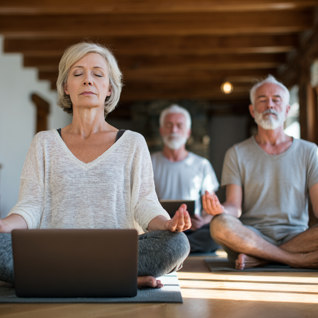 Група людей зрілого віку, від 50 до 60 років, практикує йогу в домашній обстановці перед екранами ноутбуків і планшетів
