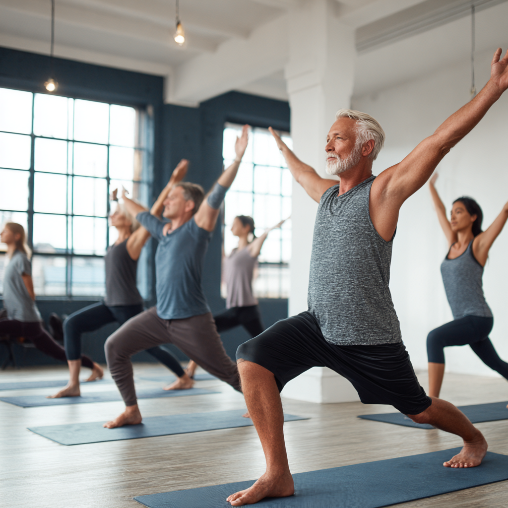 Група людей віком 50-60 років виконує йогу на килимках у світлій студії з великими вікнами